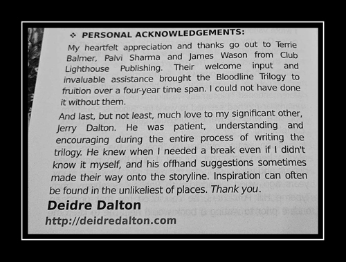 Dedication for "The Bloodline Trilogy" by Deidre Dalton (aka Deborah O'Toole). Click on image to view larger size in a new window.