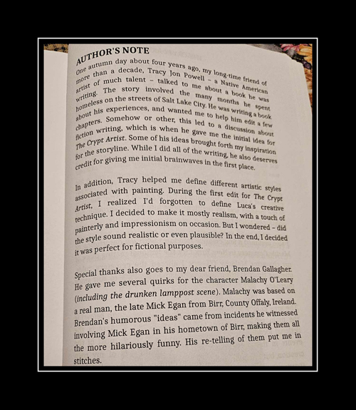 Dedication from "The Crypt Artist" by Deborah O'Toole. Click on image to view larger size in a new window.