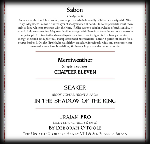 Book fonts for "In the Shadow of the King." Click on image to view larger size in a new window.