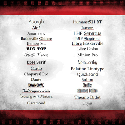My collection of Book Fonts. Click on image to view larger size in a new window.